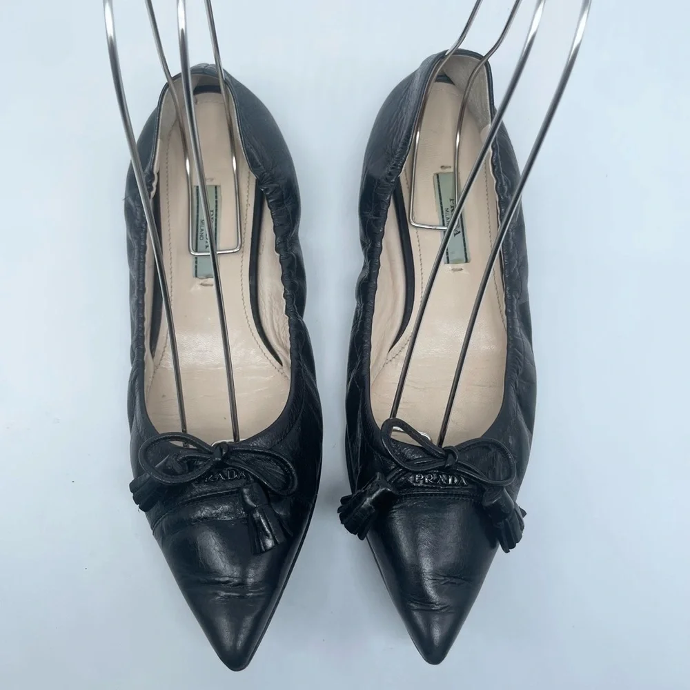 Prada Black Leather Cap toe logo embellish bow tie stretch ballerina flats EU 38
